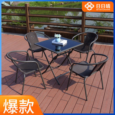 Rattan Chair Three Piece Set Courtyard Iron Art Outdoor Leisure Outdoor Rattan Table And Chair Combination Coffee Shop Stall Chair With Umbrella