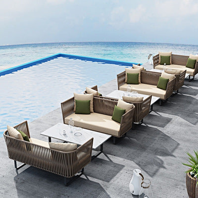 Outdoor Sofa Waterproof Outdoor Restaurant Card Seat Rattan Sofa Courtyard Terrace Leisure Double Rattan Sofa Chair