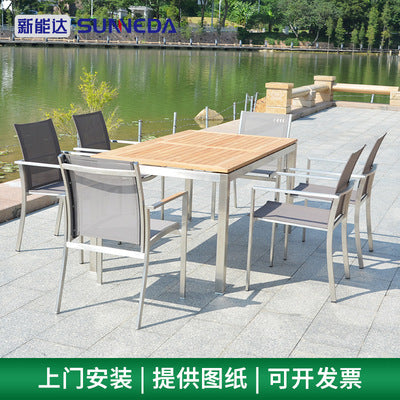 Outdoor Balcony Courtyard Leisure Tea Table Tables And Chairs Outdoor Open-air Garden Waterproof Sunscreen Solid Wood Stainless Steel Tables And Chairs
