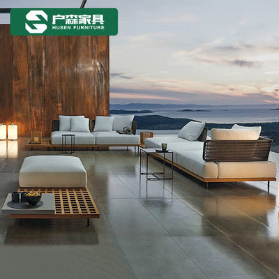 Outdoor Sofa Courtyard Leisure Rattan Furniture Solid Wood High-end Villa Rattan Chair Sofa Open-air Garden Sofa Combination