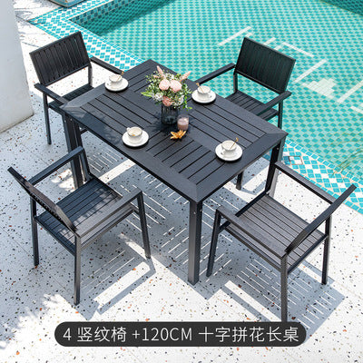 Black Plastic Wood Outdoor Tables And Chairs Combination Courtyard B B Hotel Outdoor Imitation Wood Tables And Chairs Anticorrosive Aluminum Balcony Furniture