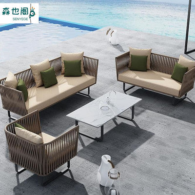 Outdoor Sofa Waterproof Outdoor Restaurant Card Seat Rattan Sofa Courtyard Terrace Leisure Double Rattan Sofa Chair