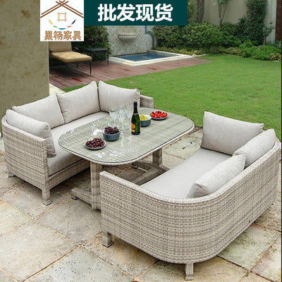 Outdoor Rattan Sofa Balcony Hotel Courtyard Rattan Chair Three Outdoor Imitation Rattan Tables And Chairs Combination Storage Double Sofa
