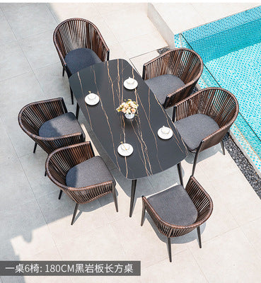 Outdoor Leisure Rattan Table And Chair Combination Outdoor Imitation Rattan Dining Chair Rock Board Table And Chair Courtyard Garden Home Stay Rattan Chair