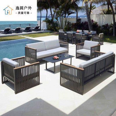 New Chinese Style Outdoor Sofa Simple Rattan Chair Aluminum Alloy Outdoor Rain Proof Balcony Courtyard Rattan Garden Tea Table