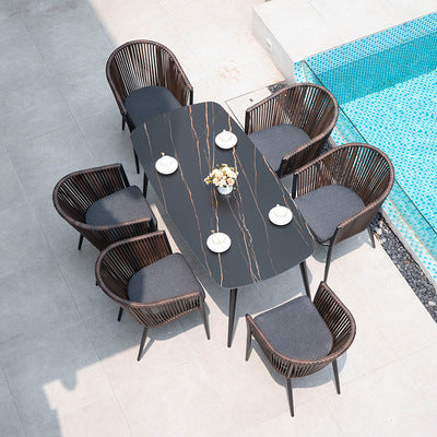 Outdoor Leisure Rattan Table And Chair Combination Outdoor Imitation Rattan Dining Chair Rock Board Table And Chair Courtyard Garden Home Stay Rattan Chair