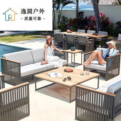 New Chinese Style Outdoor Sofa Simple Rattan Chair Aluminum Alloy Outdoor Rain Proof Balcony Courtyard Rattan Garden Tea Table