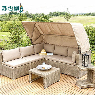 Outdoor Rattan Woven Bed Rattan Chair Sofa Outdoor Courtyard Open Balcony Rattan Art Sofa Combination Leisure Lounge Chair With Canopy