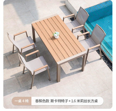 Imitation Wood Teslin Net Cloth Outdoor Tables And Chairs Courtyard Balcony Leisure Tables And Chairs Combination Aluminum Alloy Rattan Chair Outdoor Furniture