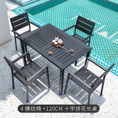 Black Plastic Wood Outdoor Tables And Chairs Combination Courtyard B B Hotel Outdoor Imitation Wood Tables And Chairs Anticorrosive Aluminum Balcony Furniture